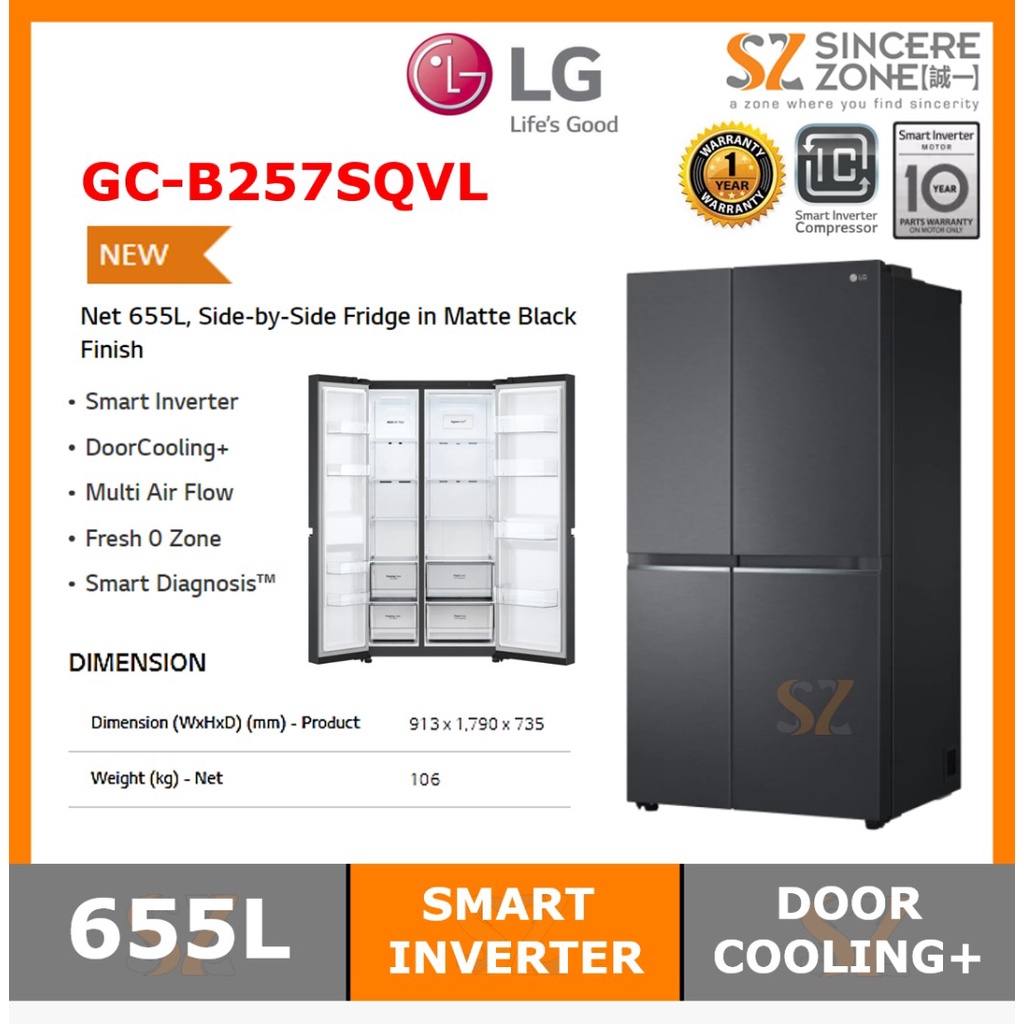 LG GCB257SQVL 655L, SidebySide Fridge In Matte Black Finish Smart