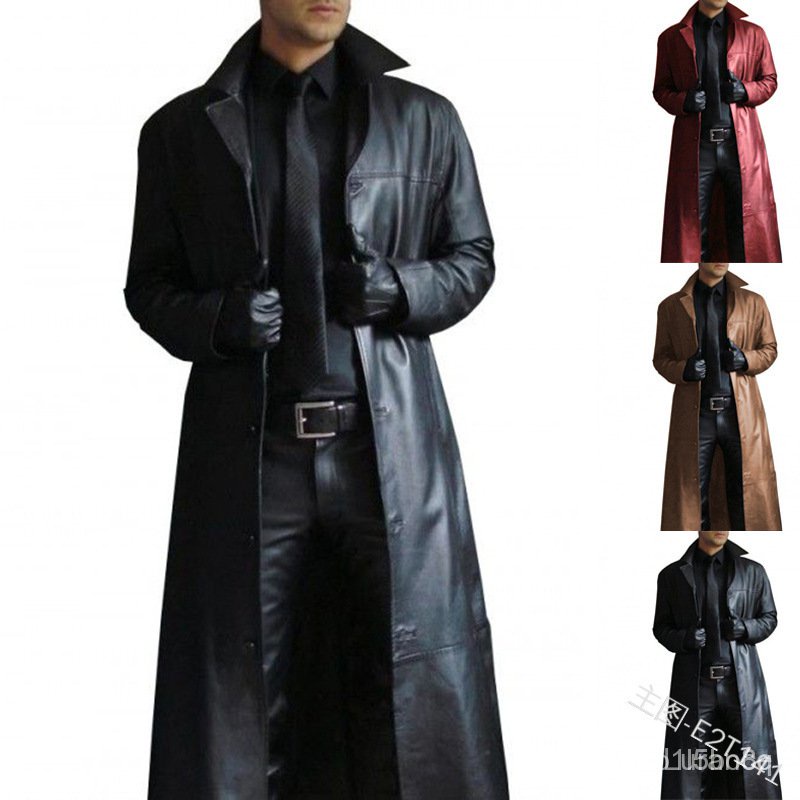 Polo Collar Solid Color Trench Coat Slim-Fit Leather Long Leather ...
