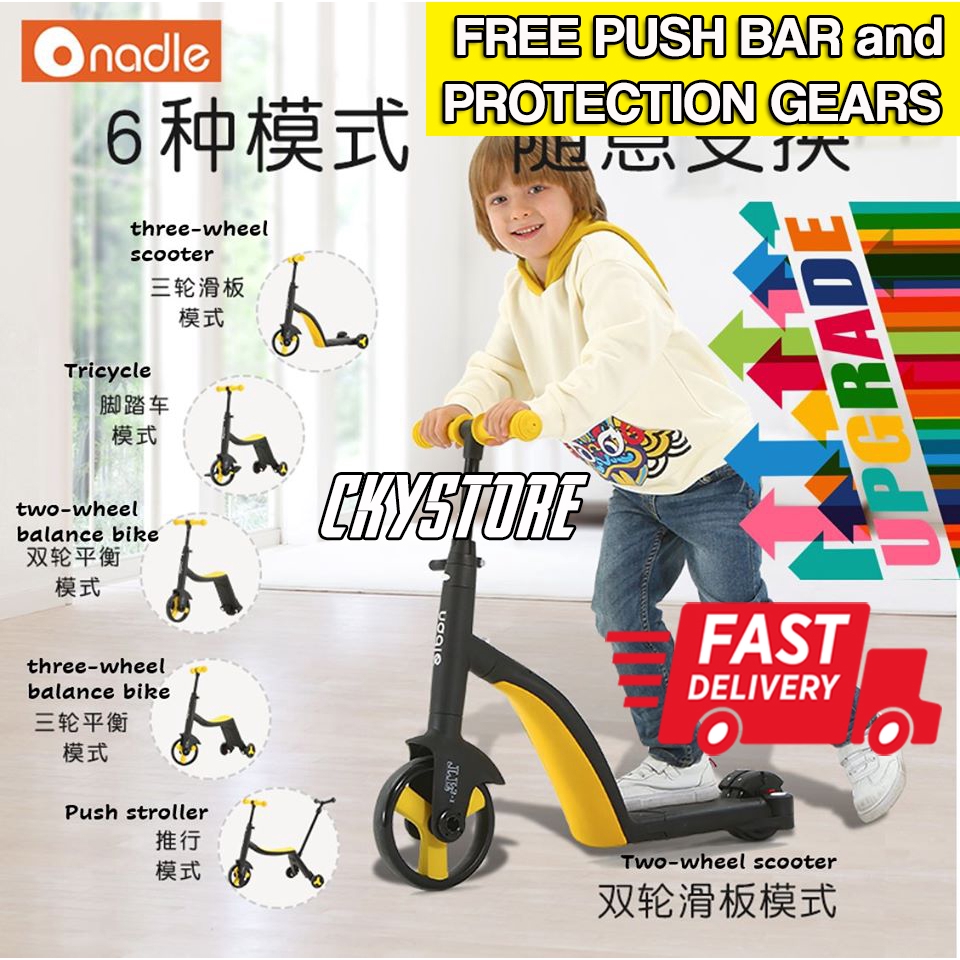 READY STOCK NADLE TF3 5 in 1 UPGRADE Kids Scooter Baby Balance Bike Tricycle Stroller FREE PUSH BAR PROTECTION GEARS Shopee Malaysia