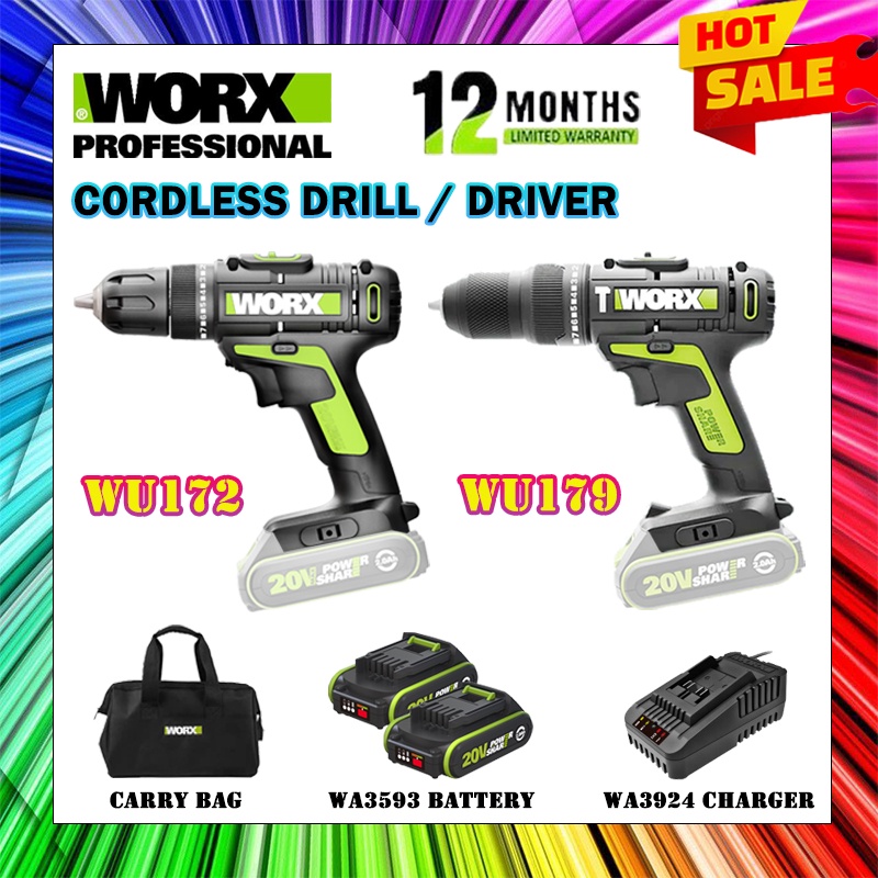 WORX WU172 20V CORDLESS DRILL / DRIVER 10MM & WORX WU179 20V CORDLESS