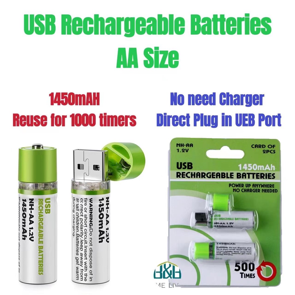 USB Rechargeable AA Battery Batteries, 1450 mAh, Quick Charge (2 Pack)