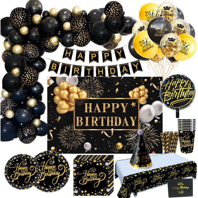 Black Happy Birthday Supplies Disposable Tableware Set Banner Paper ...