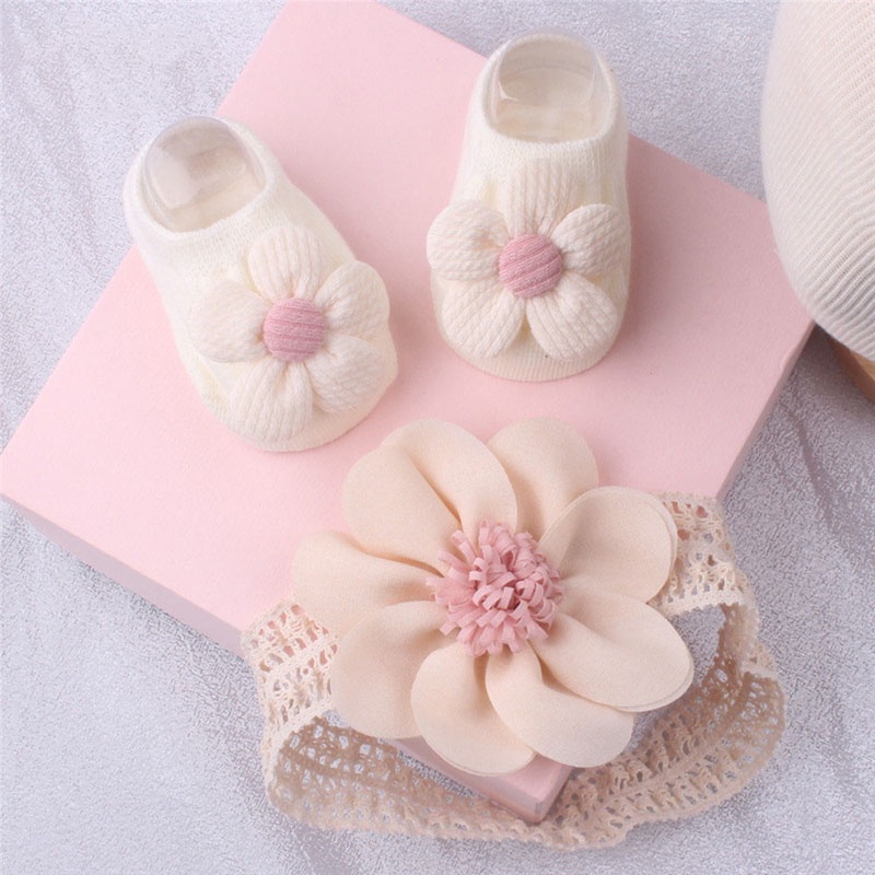 2 Pcs/Set Flower Baby Socks Headbands Set AntiSlip Infant Toddler
