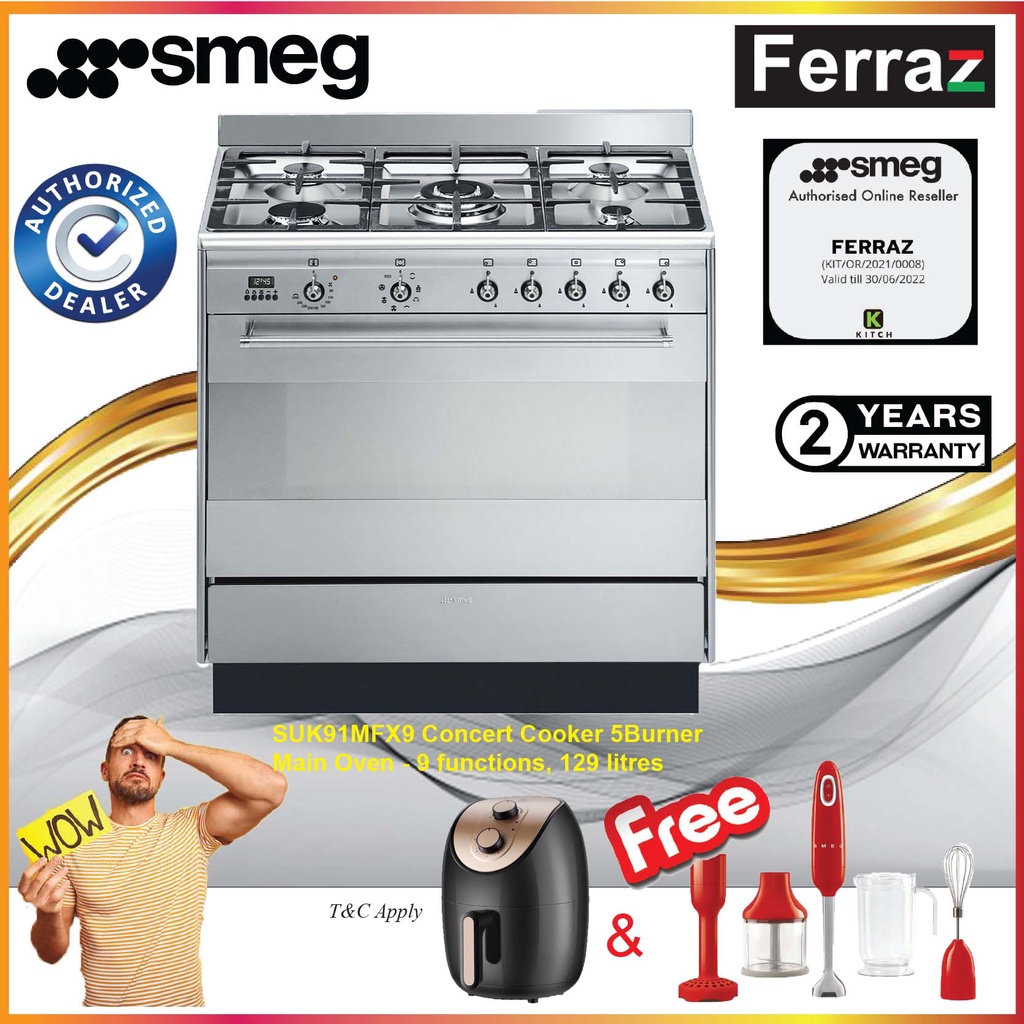 Smeg SUK91MFX9 Concerto Range Cooker Gas Hob With Oven S/Steel 90CM ...