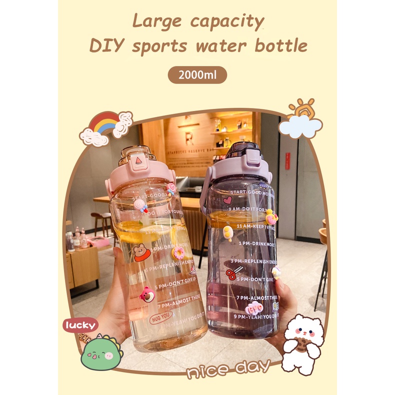 2000ml Reminder water bottle with straw scale big bottle 2Liter gym ...