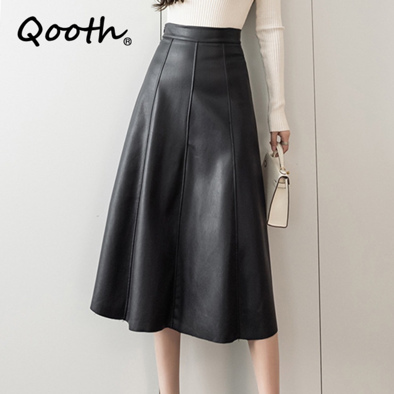 Qooth Faux Leather Maxi Pencil Skirts Elegant High Waisted Korean 