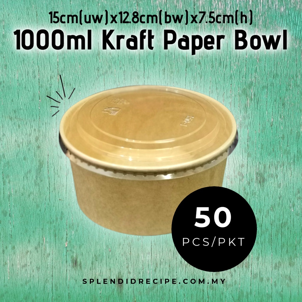 1000ml Biodegradable Disposable Kraft Paper Bowl with Lid (50 pcs ...