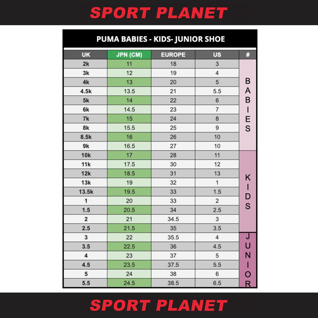 Puma kids shoe size chart hotsell