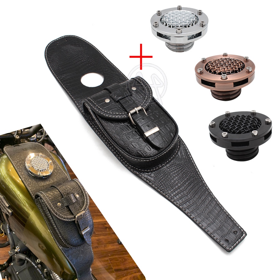 Motorcycle Thread Mesh Gas Tank Fuel Cap Vented With PU Crocodile