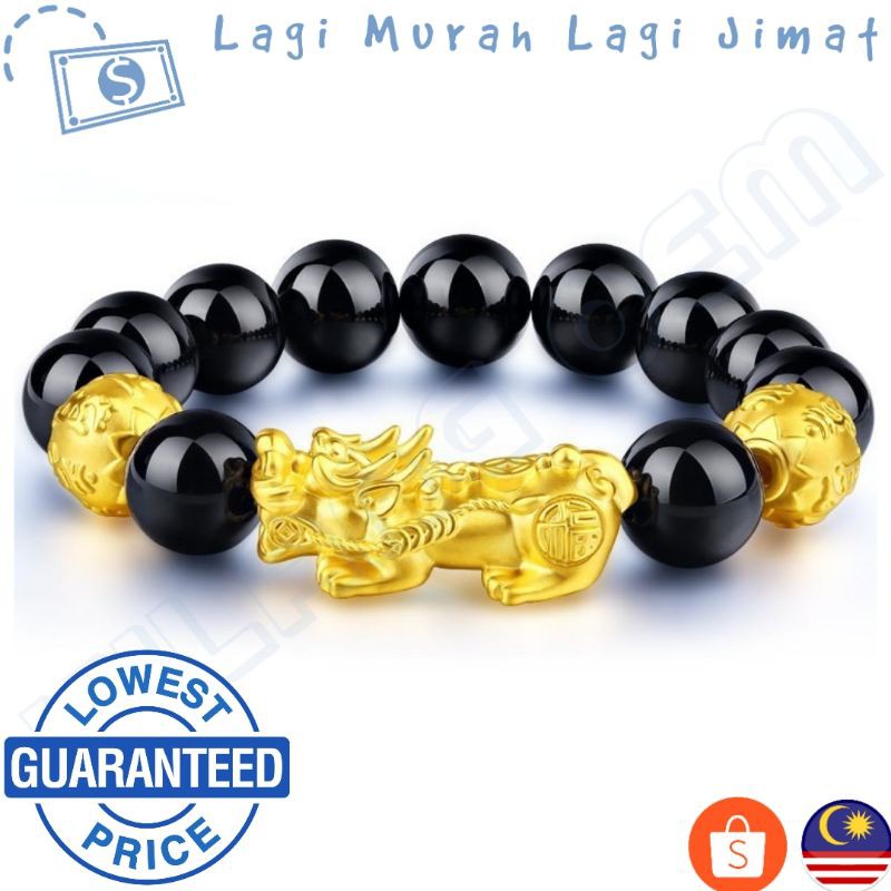 3D Pixiu Bracelet Black 硬足金招财貔貅 Hitam Agate Pixiu 手链 Luck Lucky Beads ...