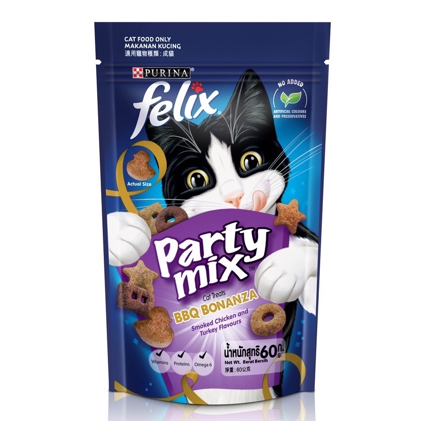 Purina Felix Party Mix cat treats 6og / Play Tube 60g Makanan Cat