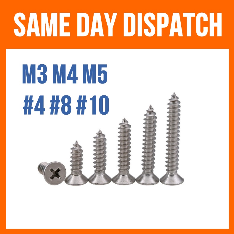(READY STOCK) M3 M4 M5 Self Tapping Screw Flat Head Stainless Steel