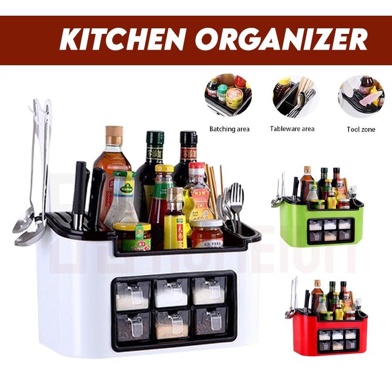 READY STOCK Kitchen Six Grid Condiments Seasoning Rack Organizer With ...