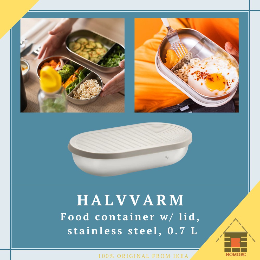 HALVVARM Food container w lid and divider, stainless steel/beige