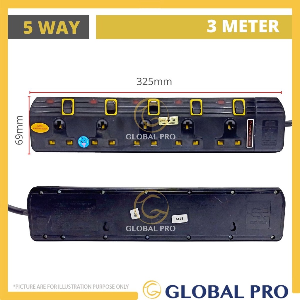 Sirim Gim 345 Way 3mtr Surge Protector Sleek Black Portable Extension Trailing Socket 8177