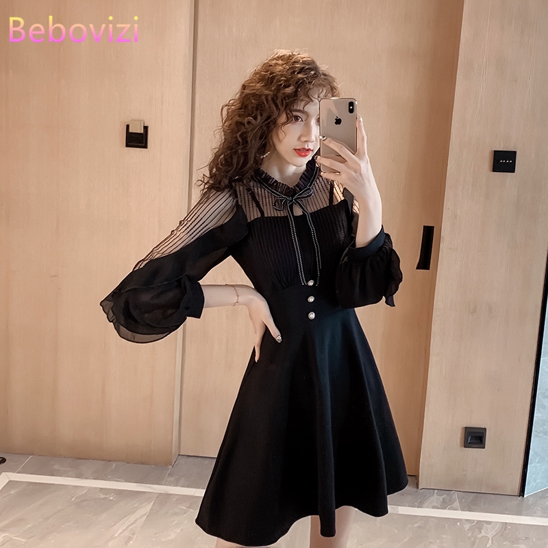 19 Black Women Fashion Korean Gauze Long Sleeve Sequins Dress Dinner Party Mini Dresses Shopee Malaysia