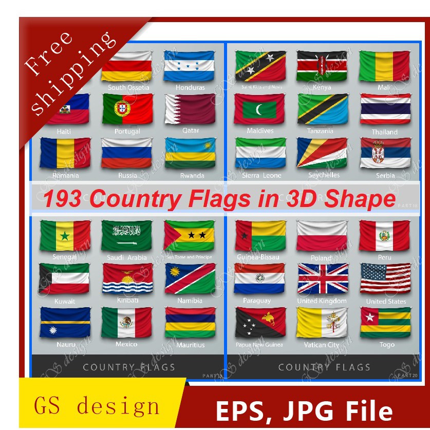193 World Flags in 3D Design Look Like Real Flag for Website Powerpoint ...