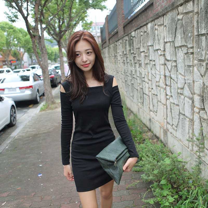 Korean Fashion Women Dress Open Shoulder Square Neck Long Sleeve Sexy ...