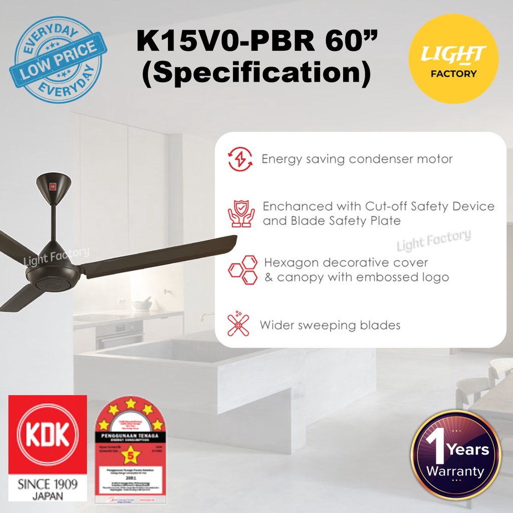 KDK K15V0 60" 3 Blades AC Motor Ceiling Fan with 5 Speeds Control K15VO