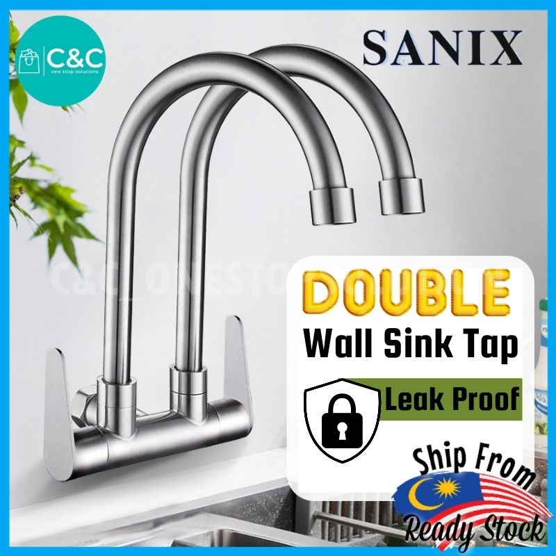 C&C SANIX Stainless Steel Kitchen Faucet Double Tap Dish Sink Wall ...