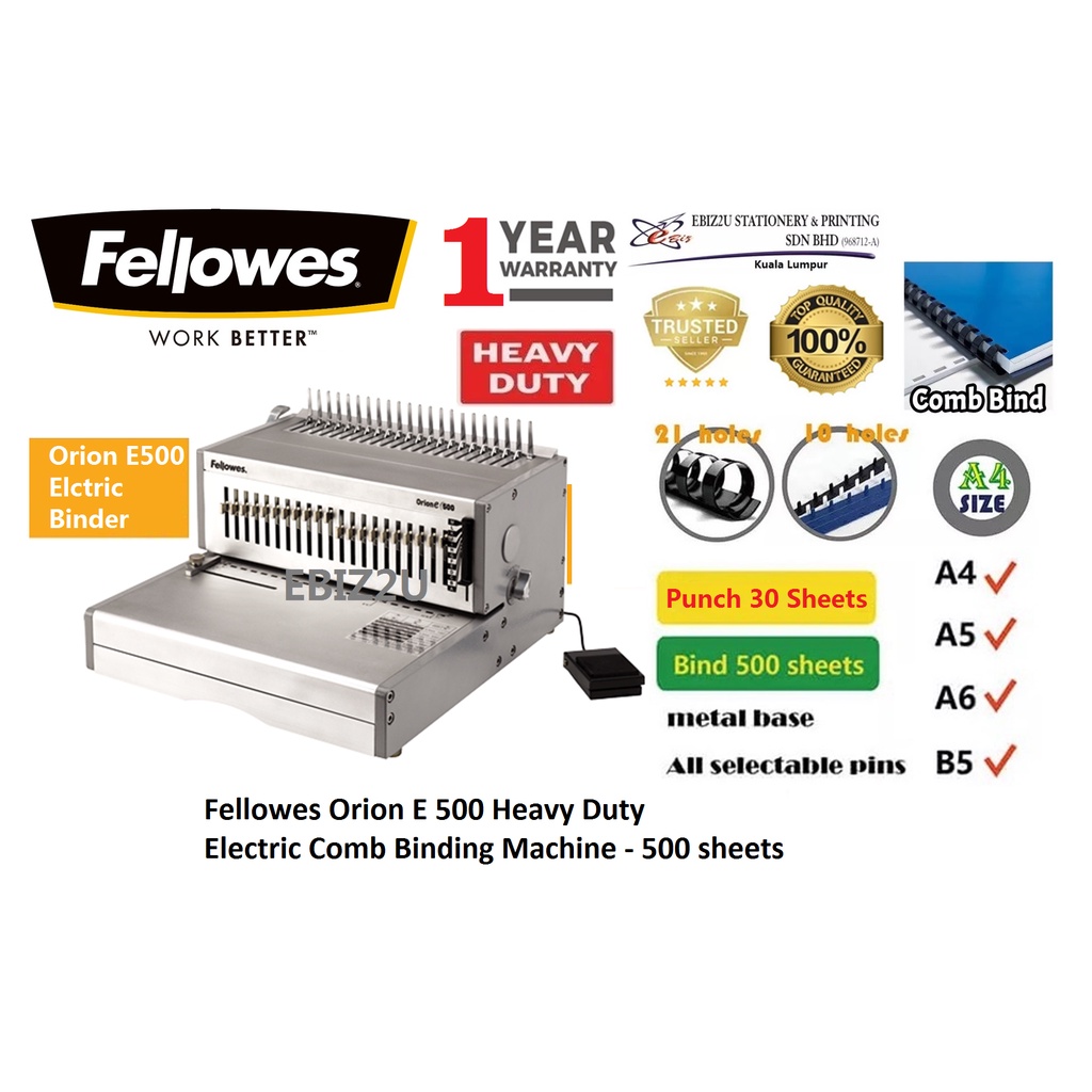 Fellowes Orion E 500 Heavy Duty Electric Comb Binding Machine 500 sheets (electric binding