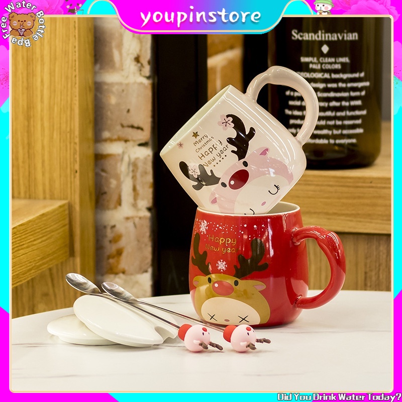 VOLEMER Ins Christmas Ceramic Mug Elk Mug Cartoon with Lid Spoon ...