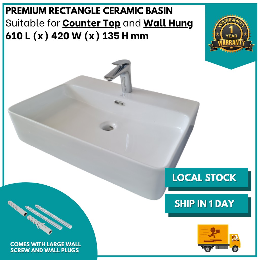 Premium Bathroom 610MM Rectangle White Ceramic Countertop Wall Hung ...