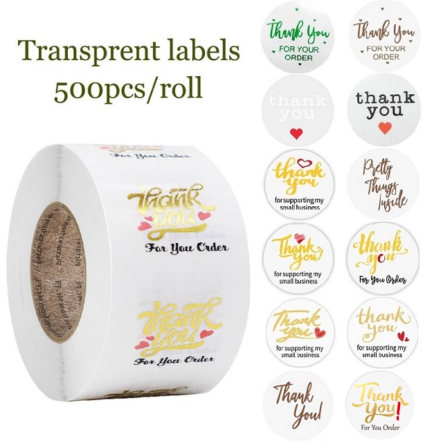 500 Pcs/Roll Thank You Stickers Seal Labels Transparent Gold Foil ...
