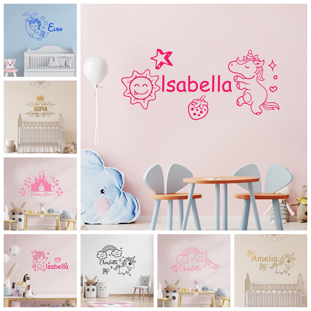 Cartoom Unicorn Custom Name Art Vinyl Wall Sticker For Kids Room Girl