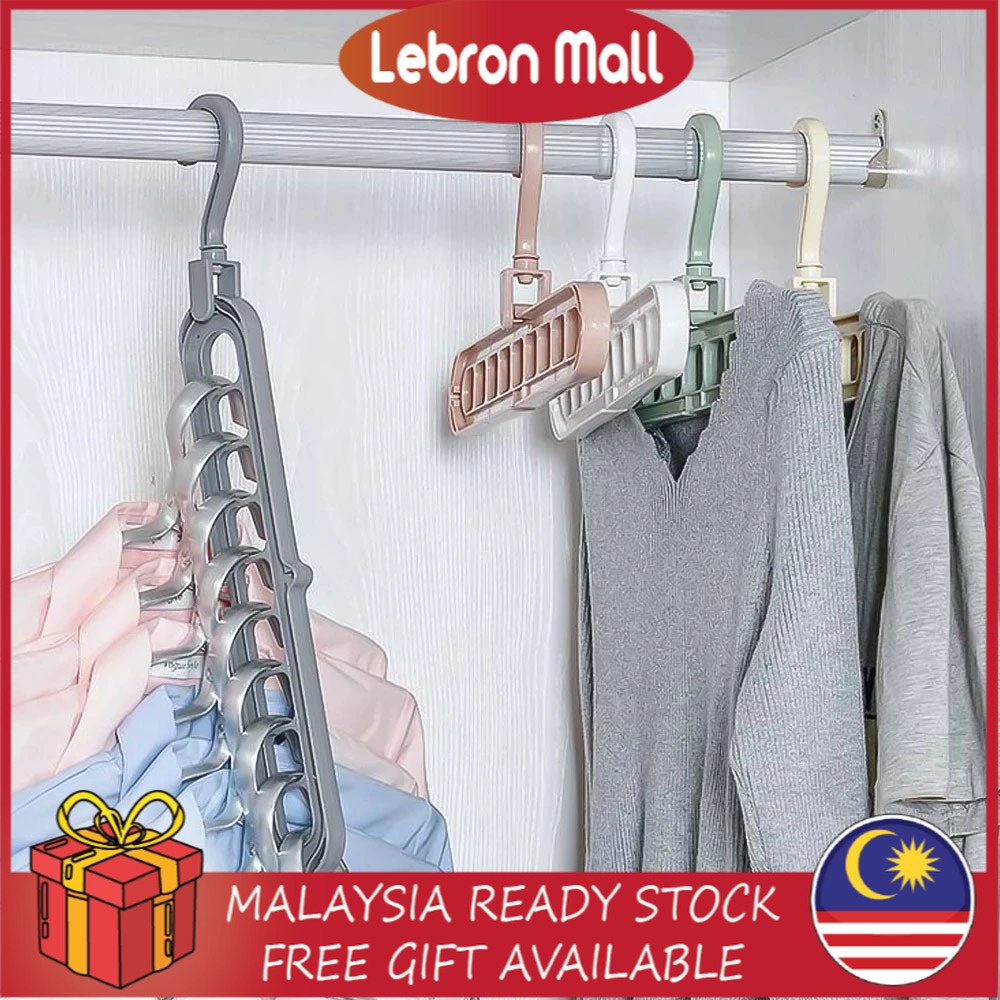 LEBRON Space Saver Saving Magic Clothes Hangers Hanger 9 Holes Rotate Antiskid Folding