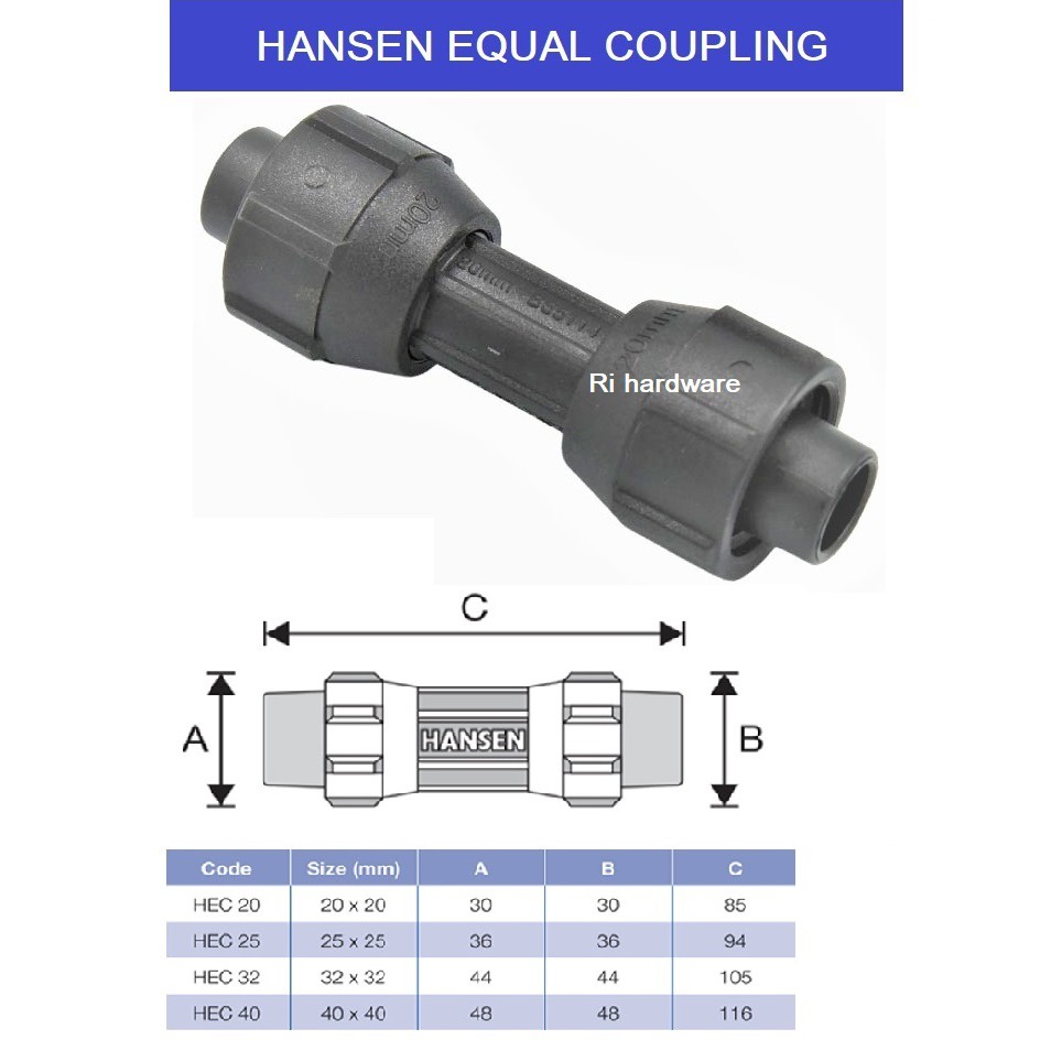HANSEN FITTING EQUAL COUPLING SOCKET 20MMX20MM ,25MMX25MM ,32MMX32MM ...