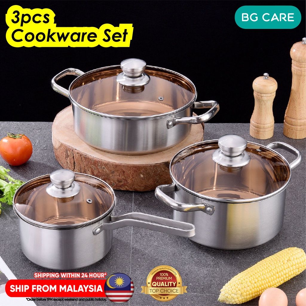 3pcs Stainless Steel Cookware Set Soup Pan Milk Pot With Glass Lid