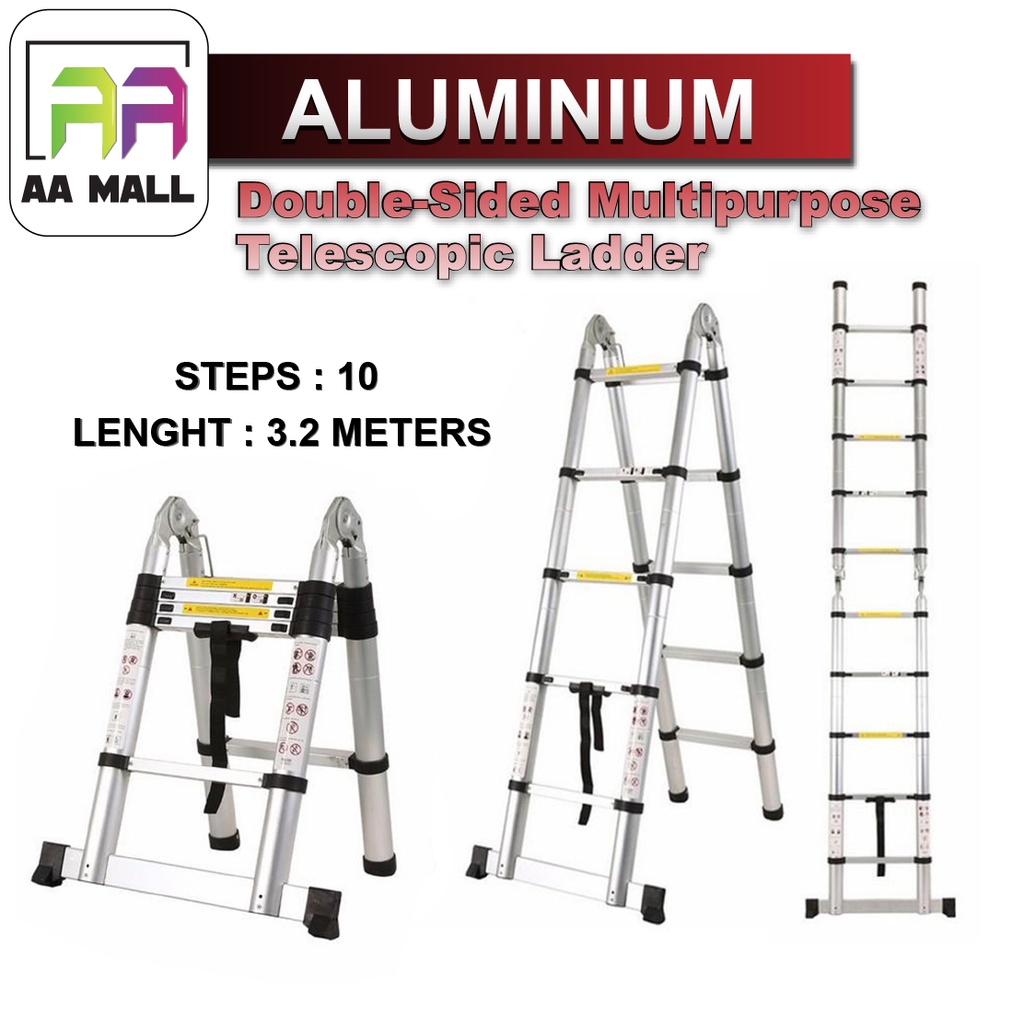 AA MALL 1.6M+1.6M TELESCOPIC POLE LADDER MULTI EXTENDABLE 3.2M (10 Step ...