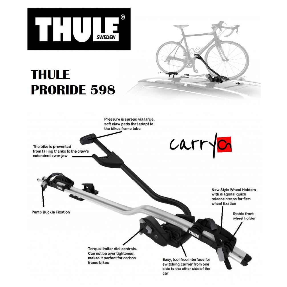 THULE PRORIDE 598 ROOF BIKE RACK BIKE CARRIER **SILVER** FOR ONE BIKE  ONLY #THULE #598 #PRORIDE