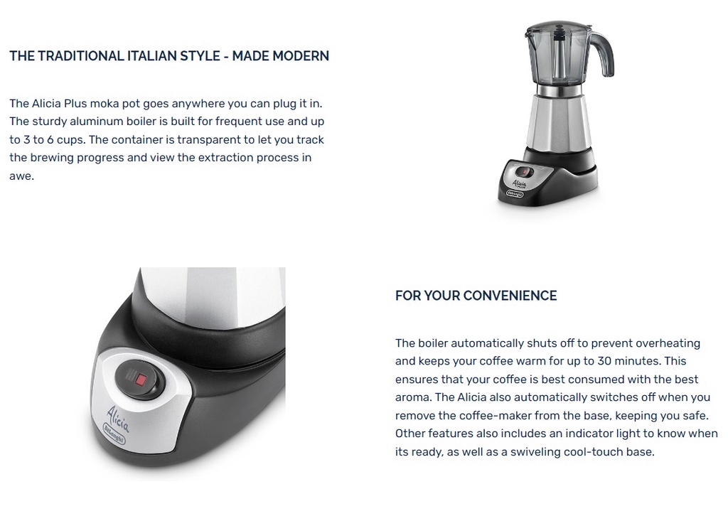 Delonghi Alicia Plus Electric Moka Pot Coffee Maker (3-6 Cups) EMKM6.B