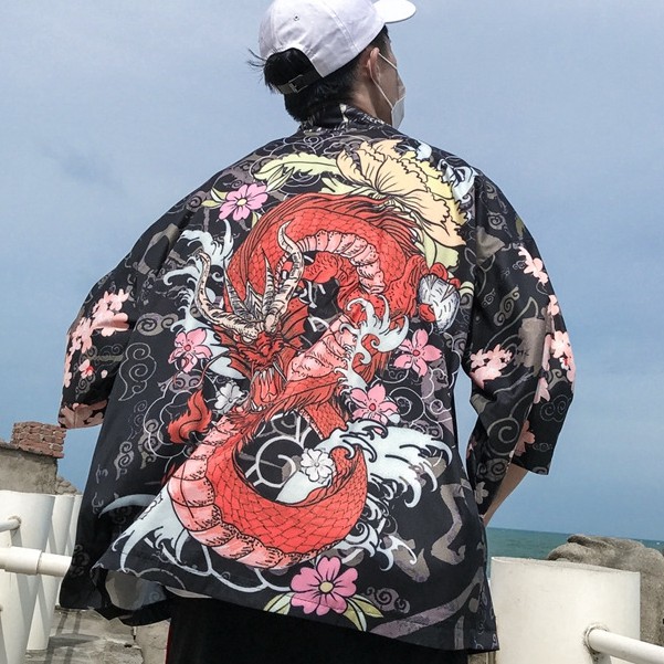 Kimono Cardigan Oriental Red Dragon