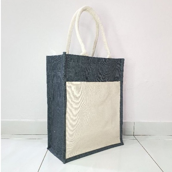 Jute Bag Medium A4 with Laminated Canvas Pocket Beg Jute Poket Kosong