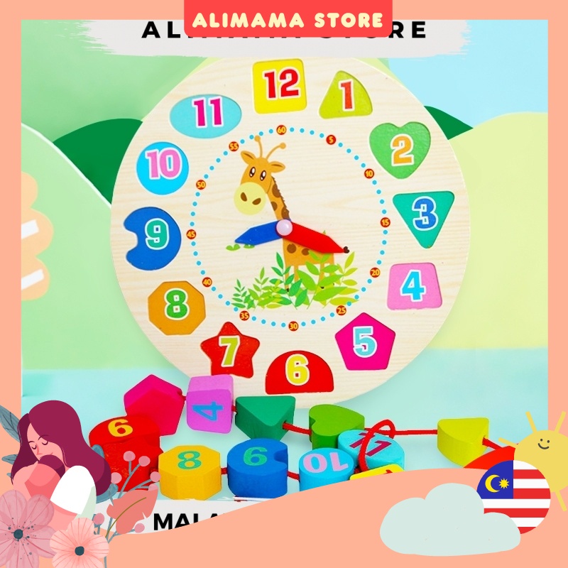 Clock 2in1 and Stringing Toy Children Kids Learning Educational Wooden ...