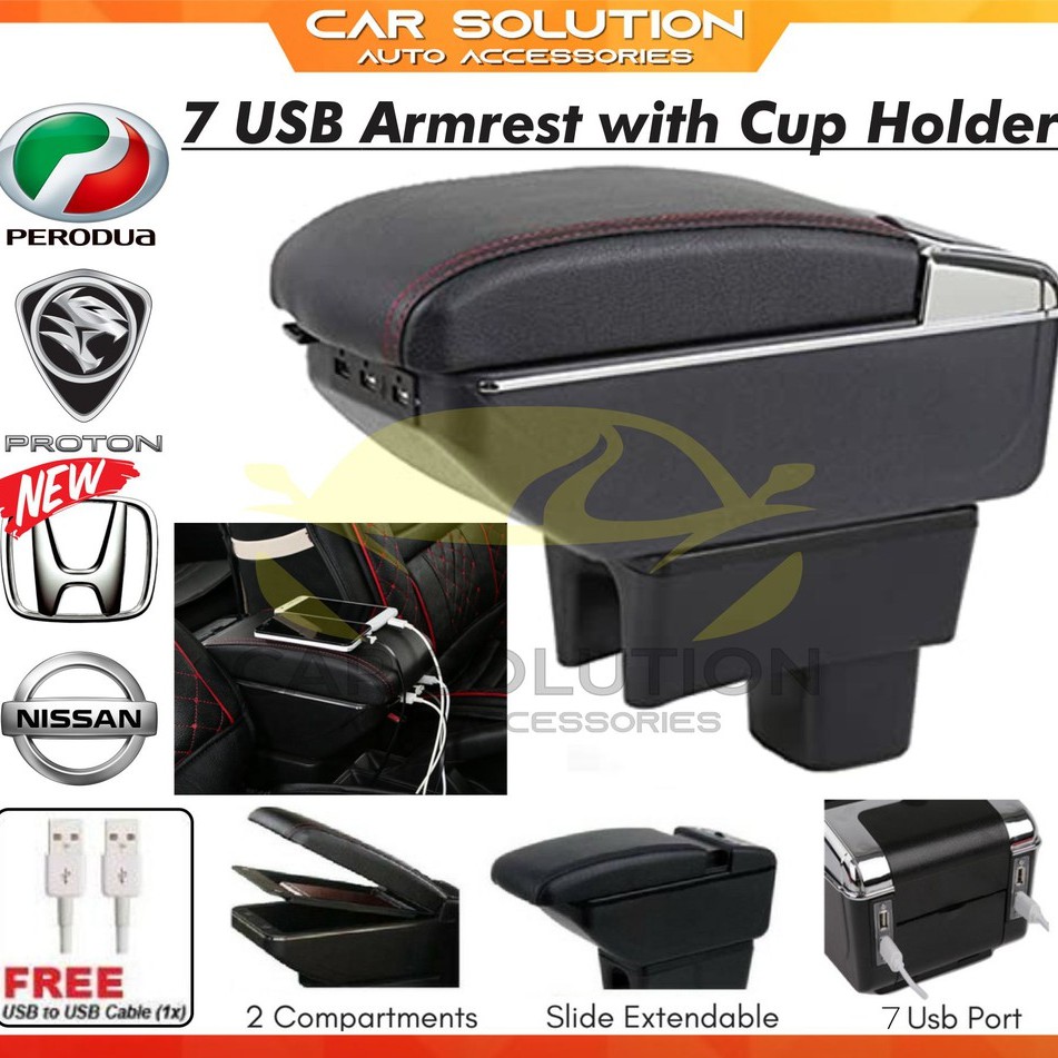 7USB Double Layers Armrest Adjustable with Cup Holder For Perodua Axia Honda City Proton/Tempat