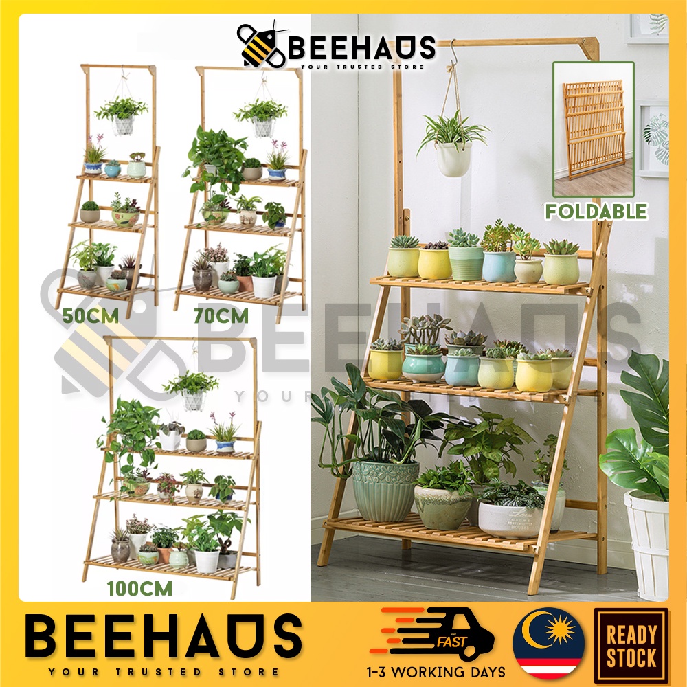 BEEHAUS 3 Tier Flower Pot Rack Foldable Hanging Bamboo Flower Garden ...