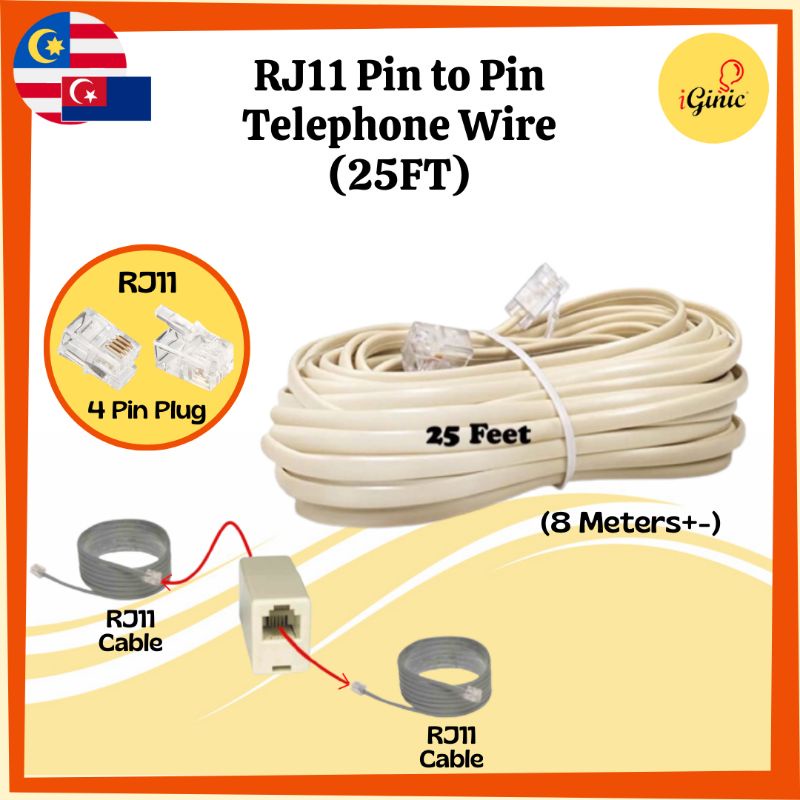 RJ11 Pin to Pin Cable 7ft 15ft 25ft 50ft 100ft / Telephone Adaptor ...