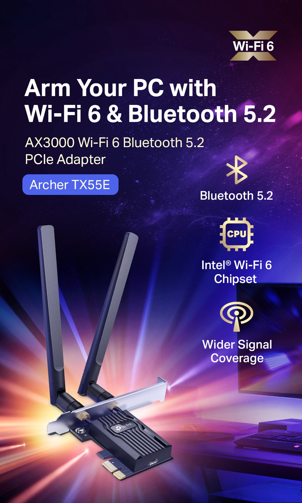 TP-Link WiFi 6 AX3000 PCIe Card, Archer TX3000E, Bluetooth 5.0, Dual