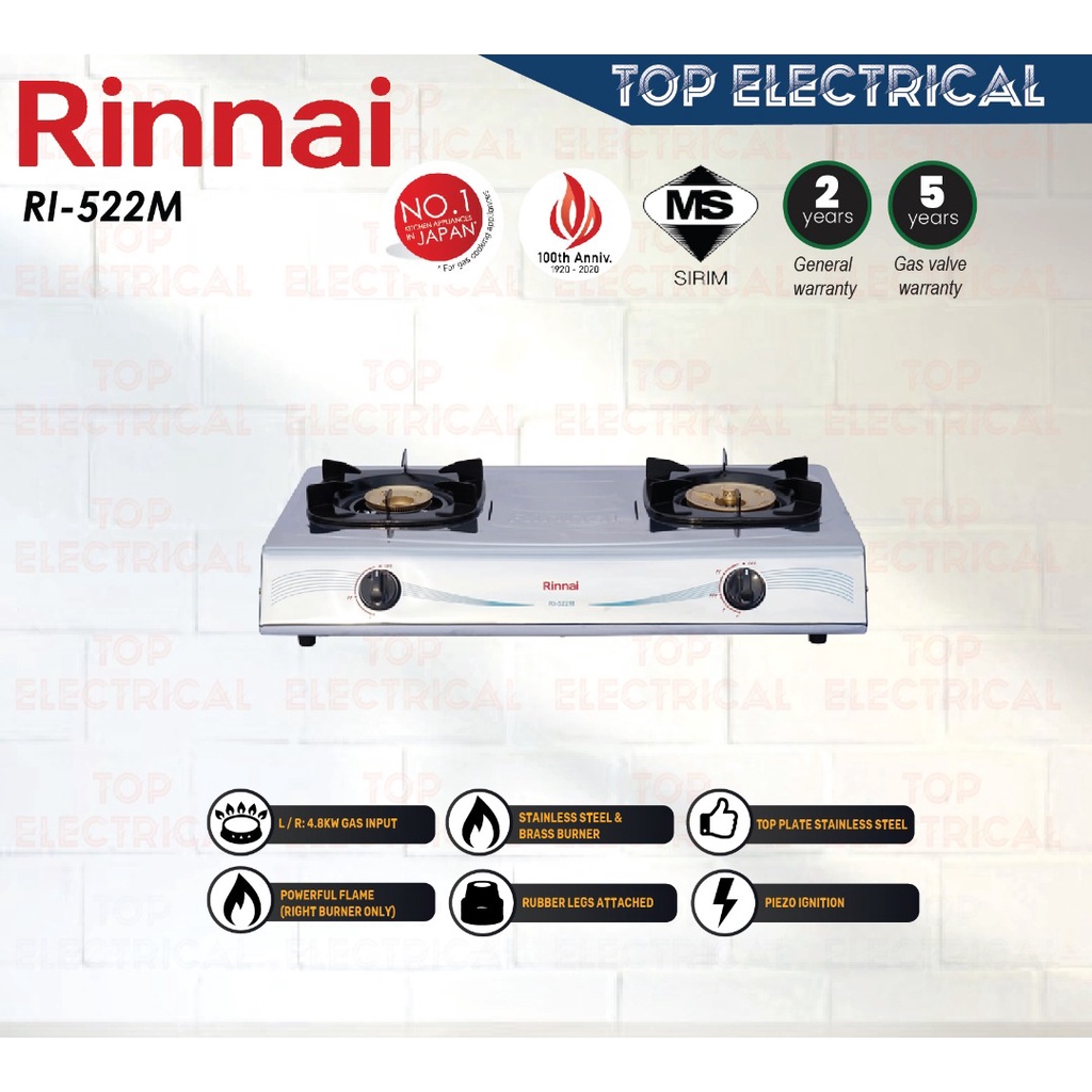 RINNAI TABLE TOP COOKER / STAINLESS STEEL / RI522M / DAPUR MASAK / GAS