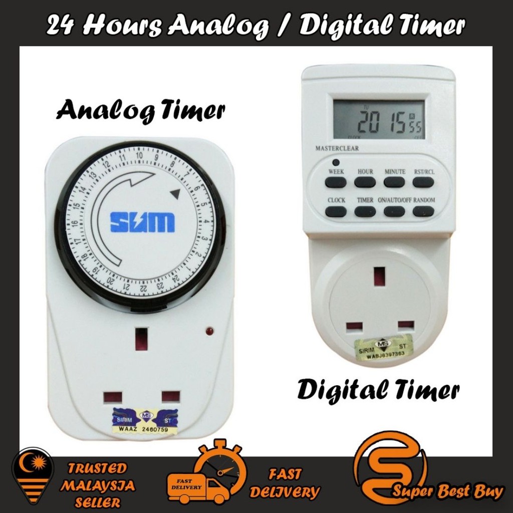 SUM 24 Hours Digital & Analog 3 Pin Plug In Timer/Pemasa 3 Pin Digital ...