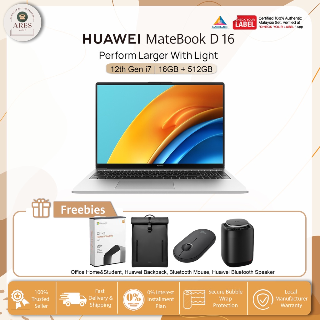 HUAWEI MateBook D16 Laptop | 16GB + 512GB 12th Gen Intel Core i7-12700H ...
