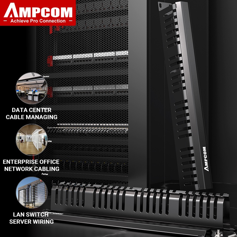 AMPCOM Vertical Cable Manager 1U Horizontal Mount Server Rack 12/24 ...