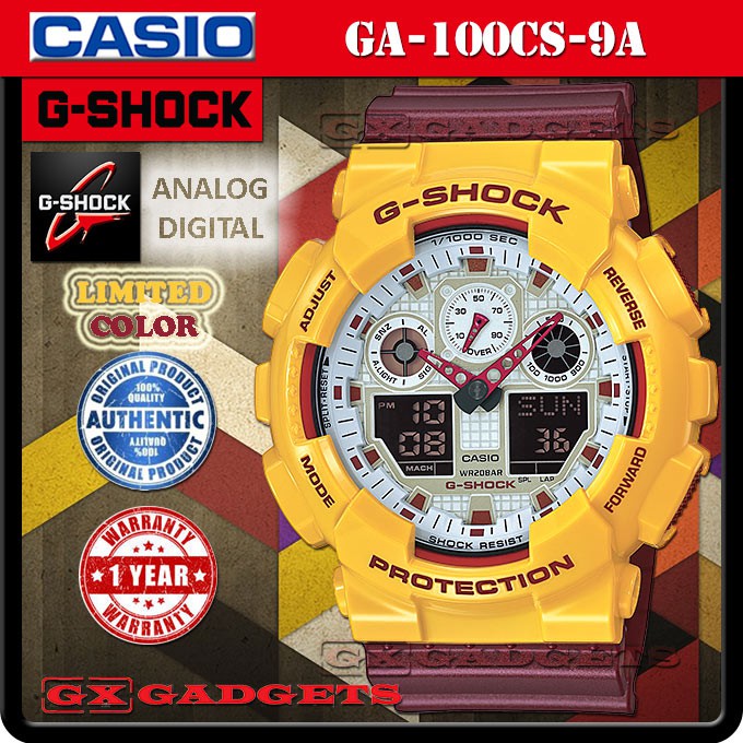 CASIO G SHOCK GA 100CS 9A ANALOG DIGITAL WATCH LIMITED COLOR WORLD TIME WR200M