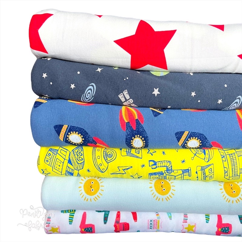 Kain knit cotton rib fabric corak roket space robot star christmas sun ...