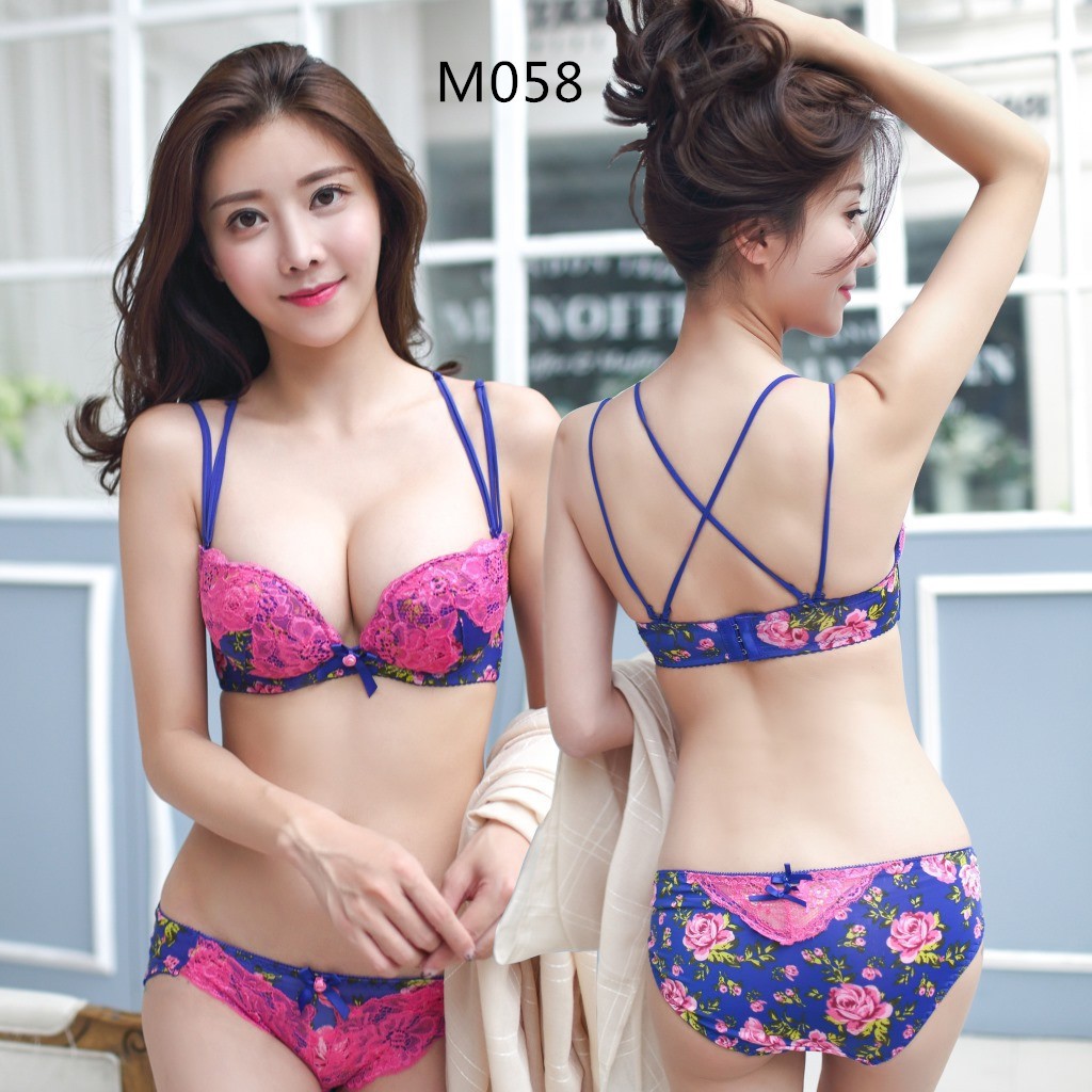 READY STOCK] Blue Pink Floral Lace Sexy Bra Set with Panties