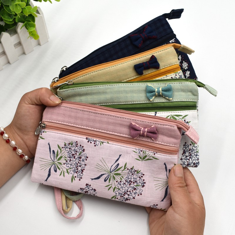 Women s purse cotton linen fabric handbag mobile phone pocket small fresh simple multi layer zipper bag